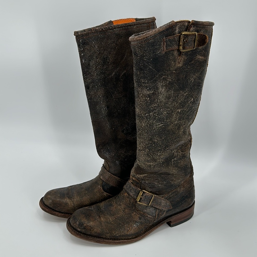 Frye Veronica Slouch Black/brown distressed Leather Boots size 6.5